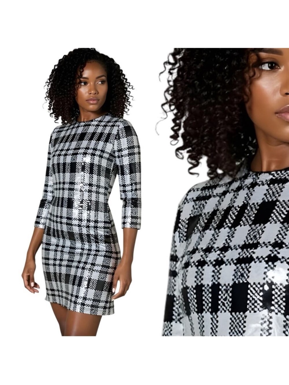 Draper James Black and White Plaid Sequin Sheath Mini Dress Size 4 $98.00